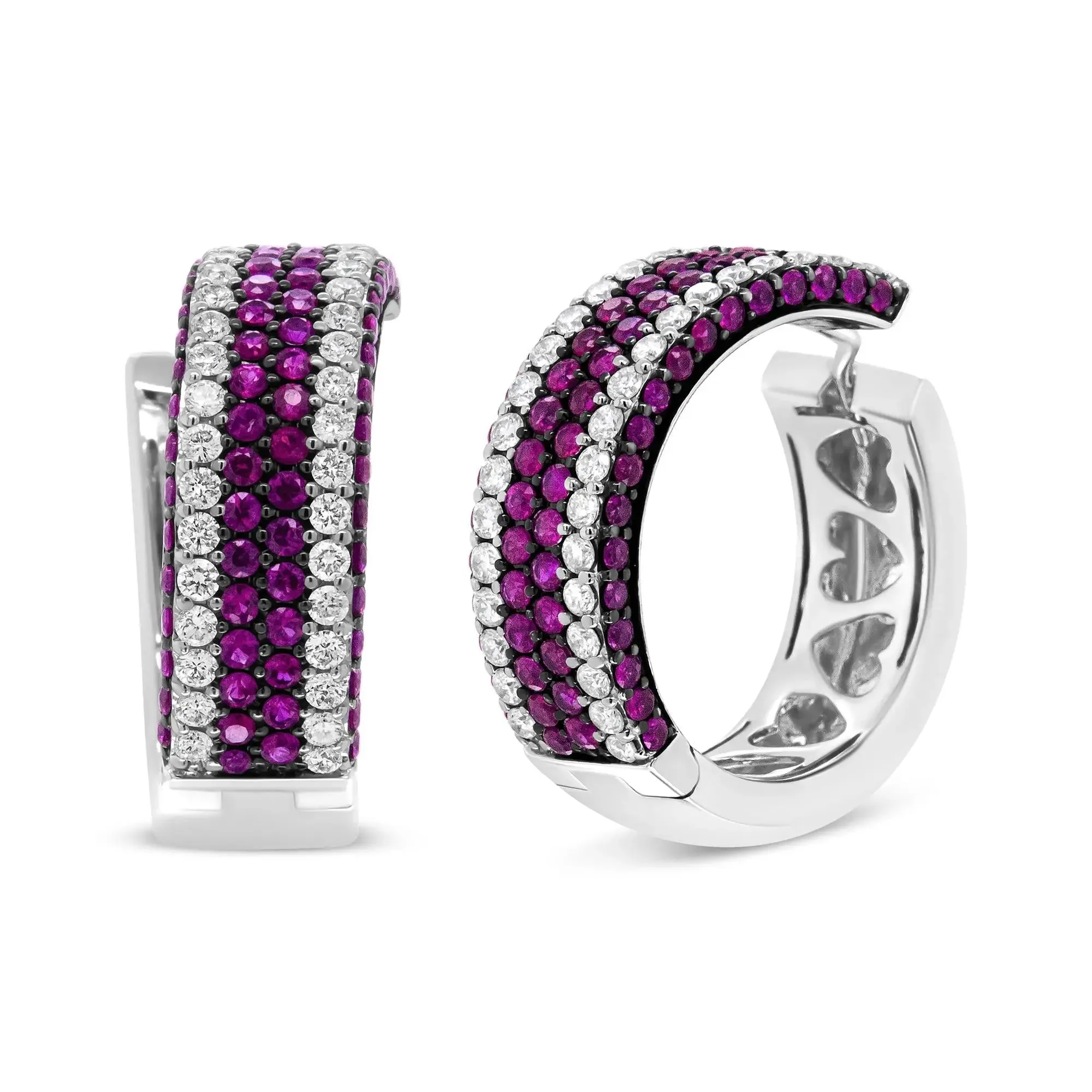 Artistic 18K White Gold Hoops with Dazzling Diamond and Ruby Accents