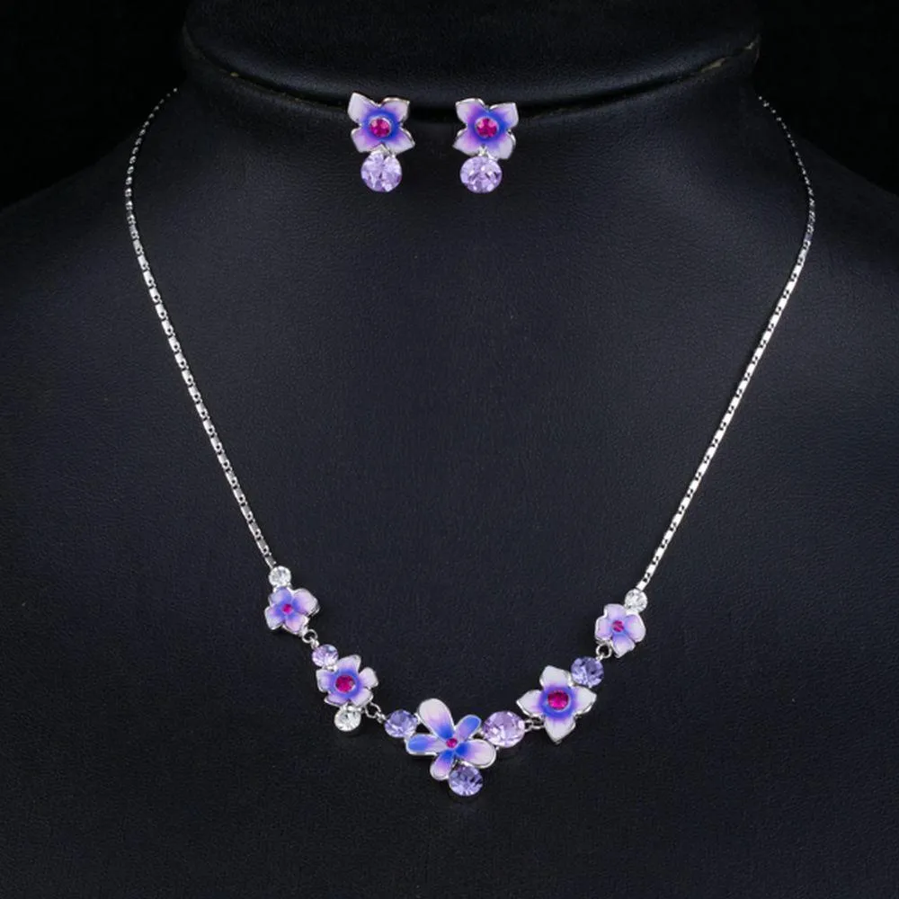 Artistic Flower Stud Earrings and Pendant Necklace Jewelry Set