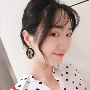 Artistic Oval Shaped Painted Portrait Statement Earrings