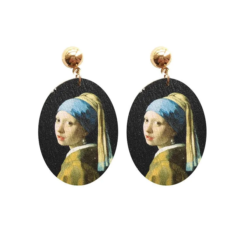 Artistic Oval Shaped Painted Portrait Statement Earrings