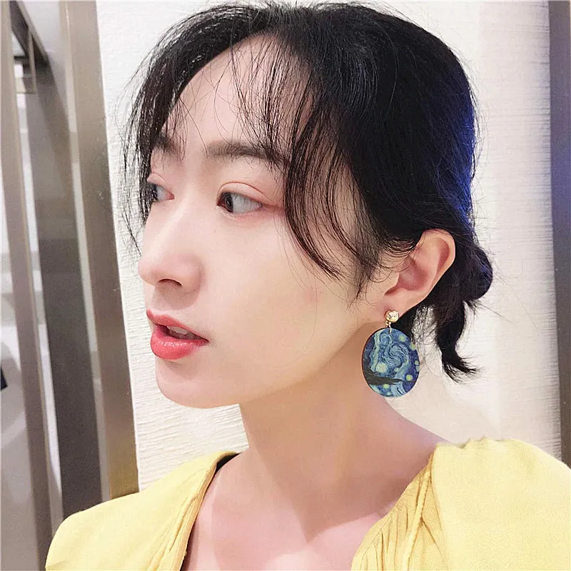 Artistic Oval Shaped Painted Portrait Statement Earrings