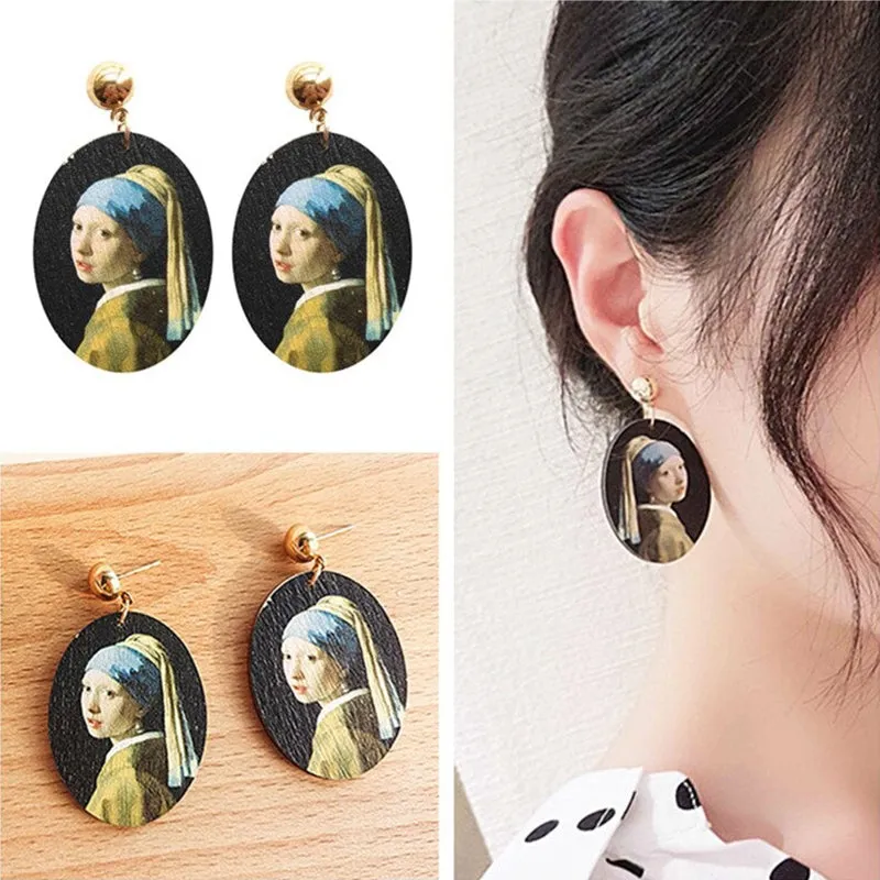Artistic Oval Shaped Painted Portrait Statement Earrings