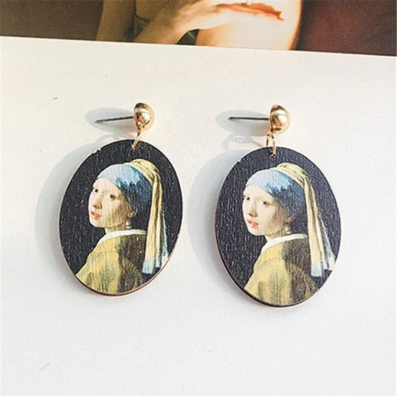 Artistic Oval Shaped Painted Portrait Statement Earrings