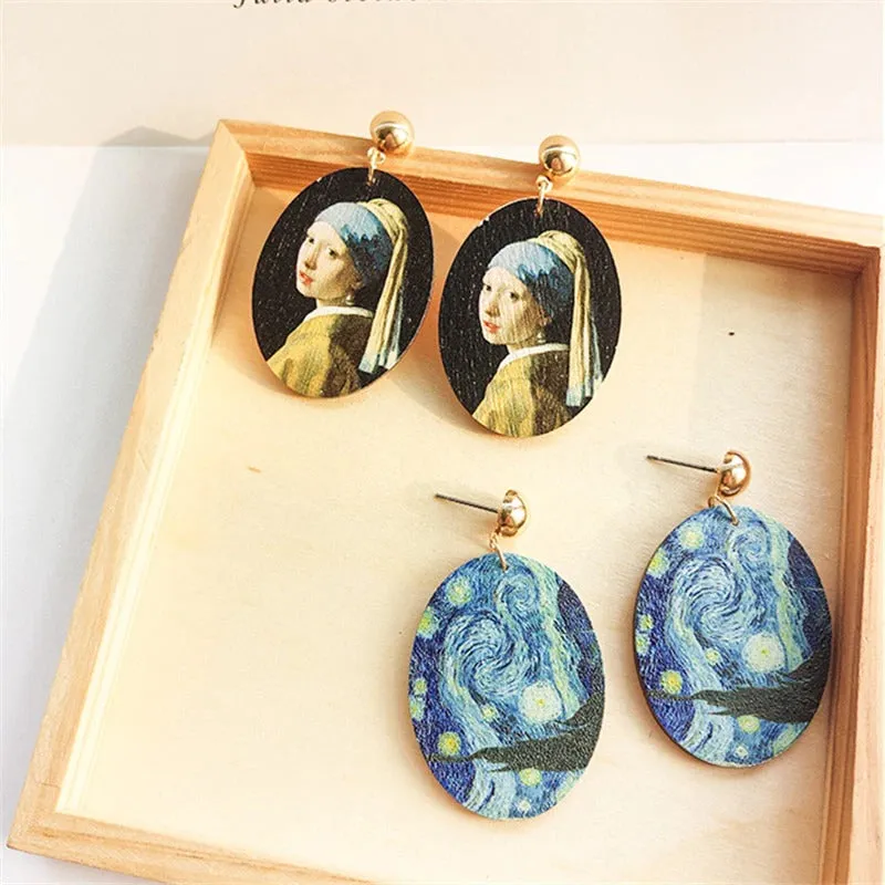 Artistic Oval Shaped Painted Portrait Statement Earrings