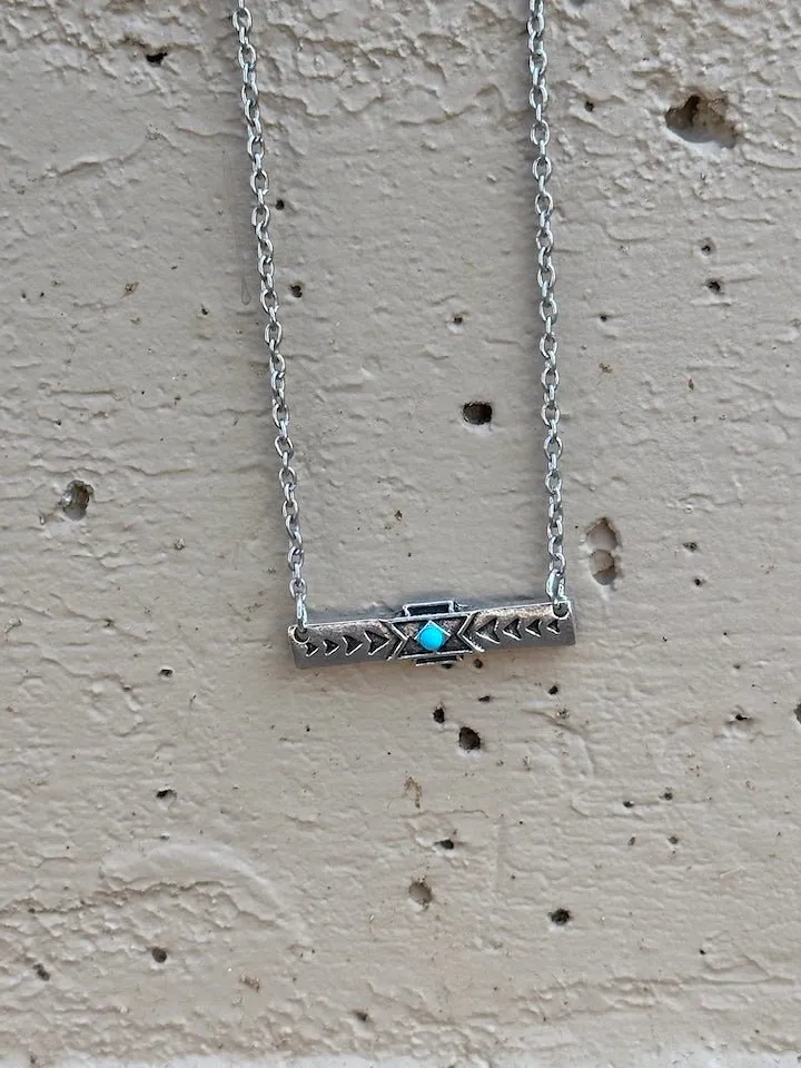 Aztec Bar Turq Silver Necklace