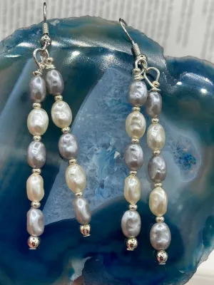 Baroque White And Gray Pearls And Silver Glass Beaded Earrings, Shabby Chic, Boho Chic, Nature Inspired