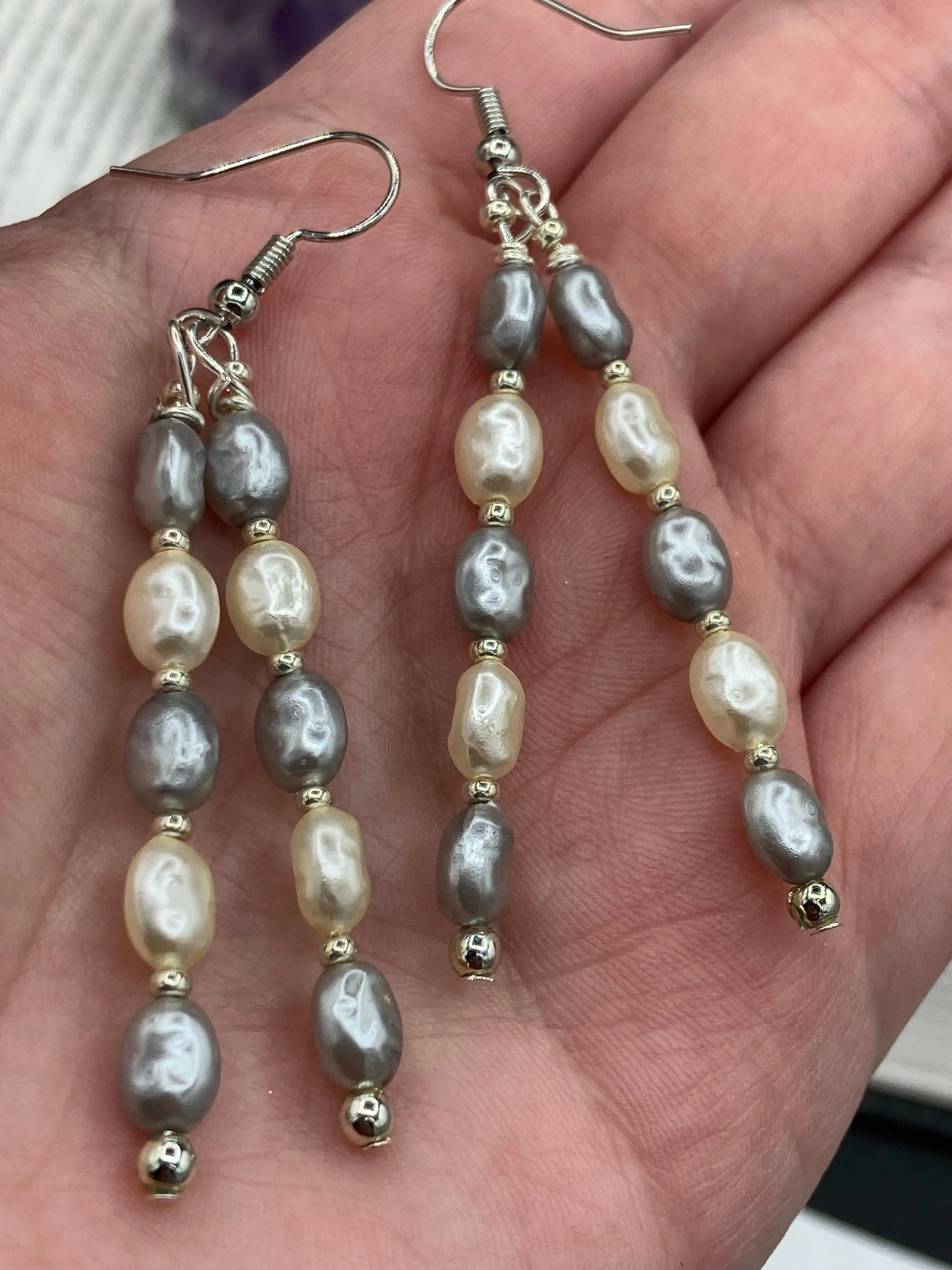 Baroque White And Gray Pearls And Silver Glass Beaded Earrings, Shabby Chic, Boho Chic, Nature Inspired