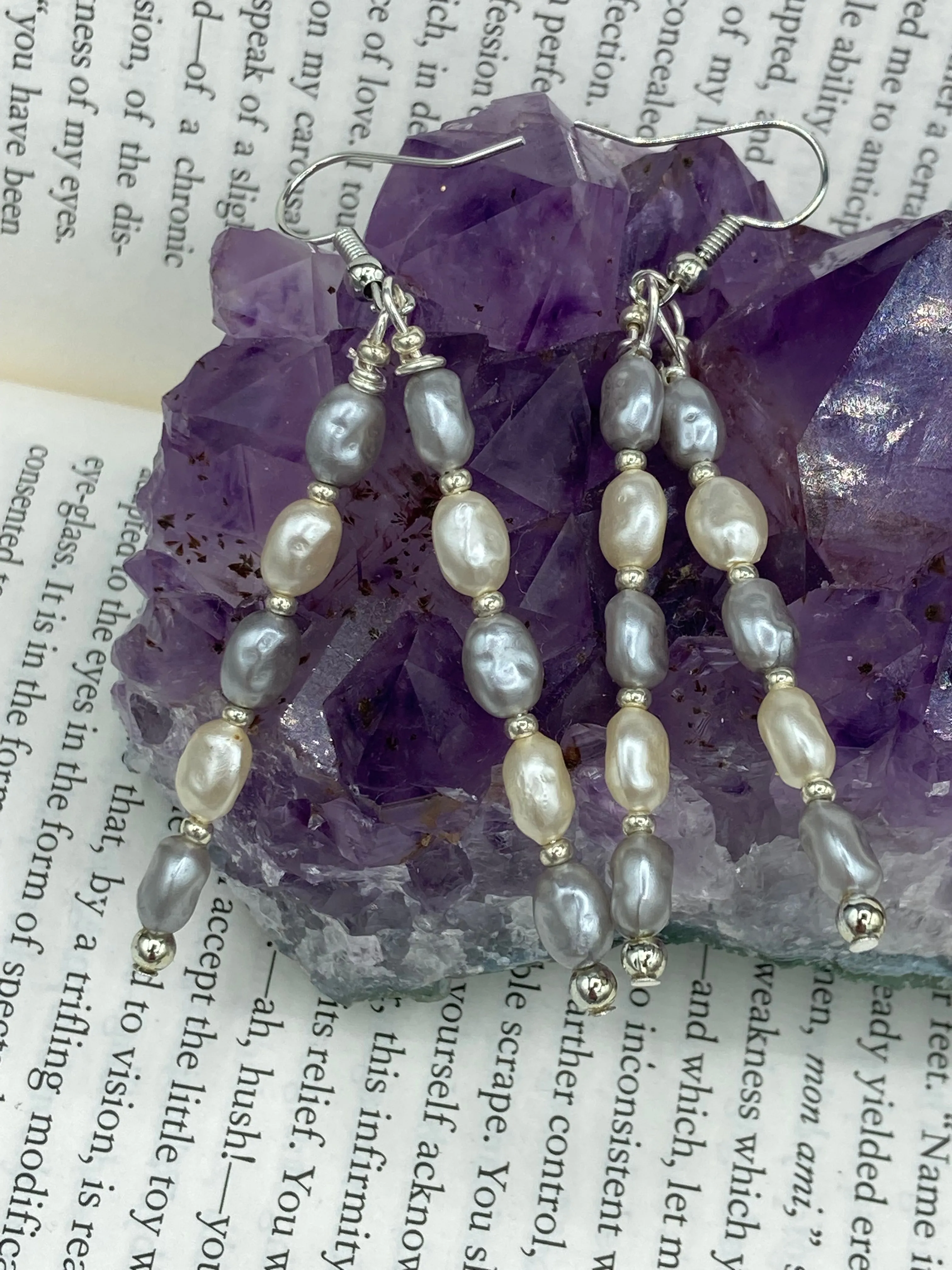 Baroque White And Gray Pearls And Silver Glass Beaded Earrings, Shabby Chic, Boho Chic, Nature Inspired