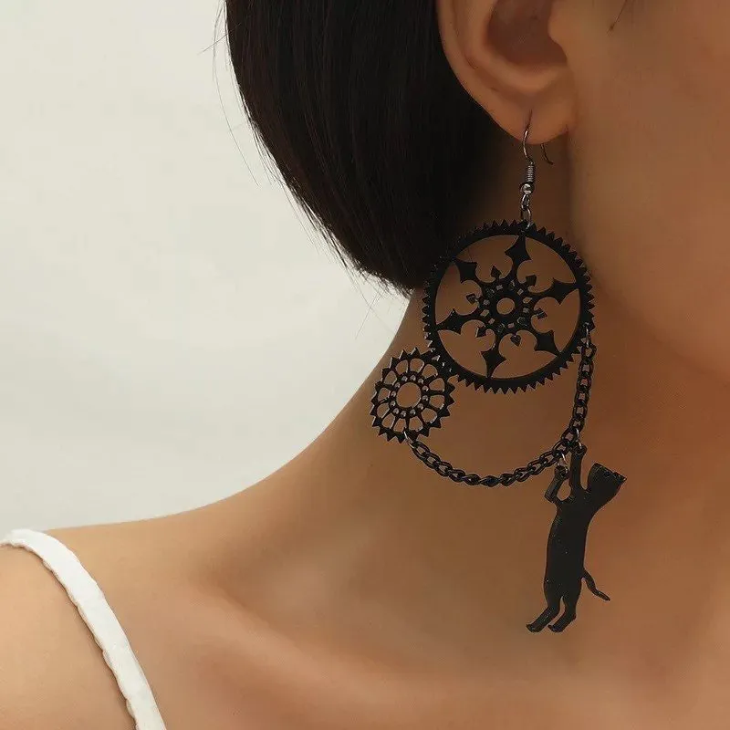 Black Cat Steampunk Large Earrings