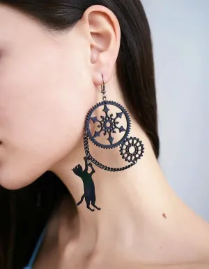 Black Cat Steampunk Large Earrings