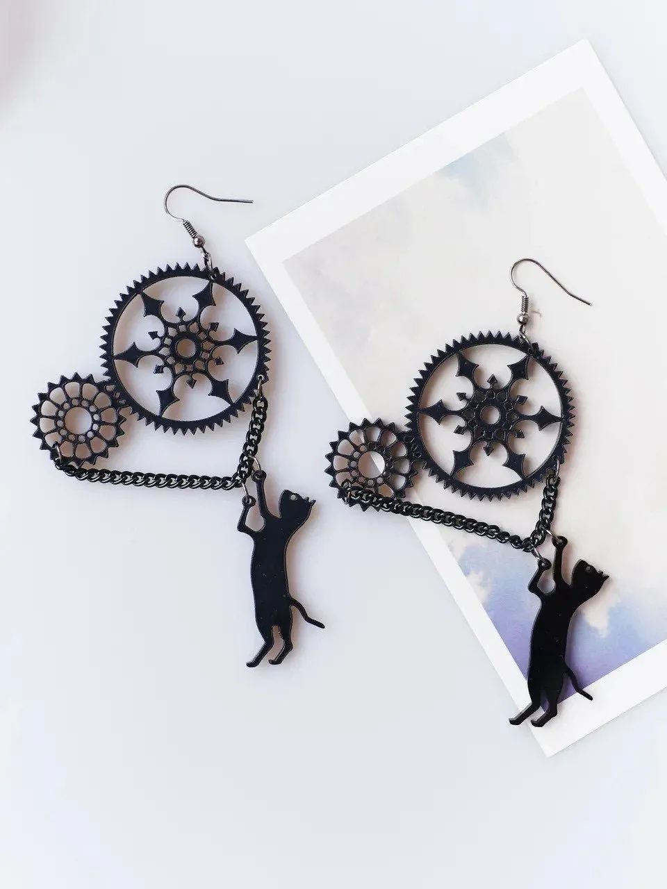 Black Cat Steampunk Large Earrings