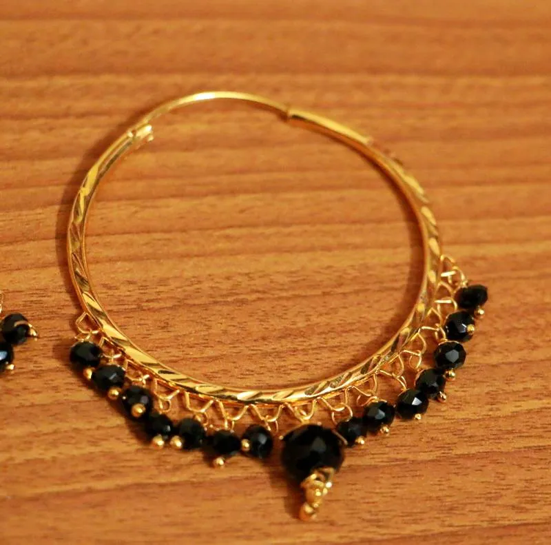 Black Crystal Drop Gold Look Hoops