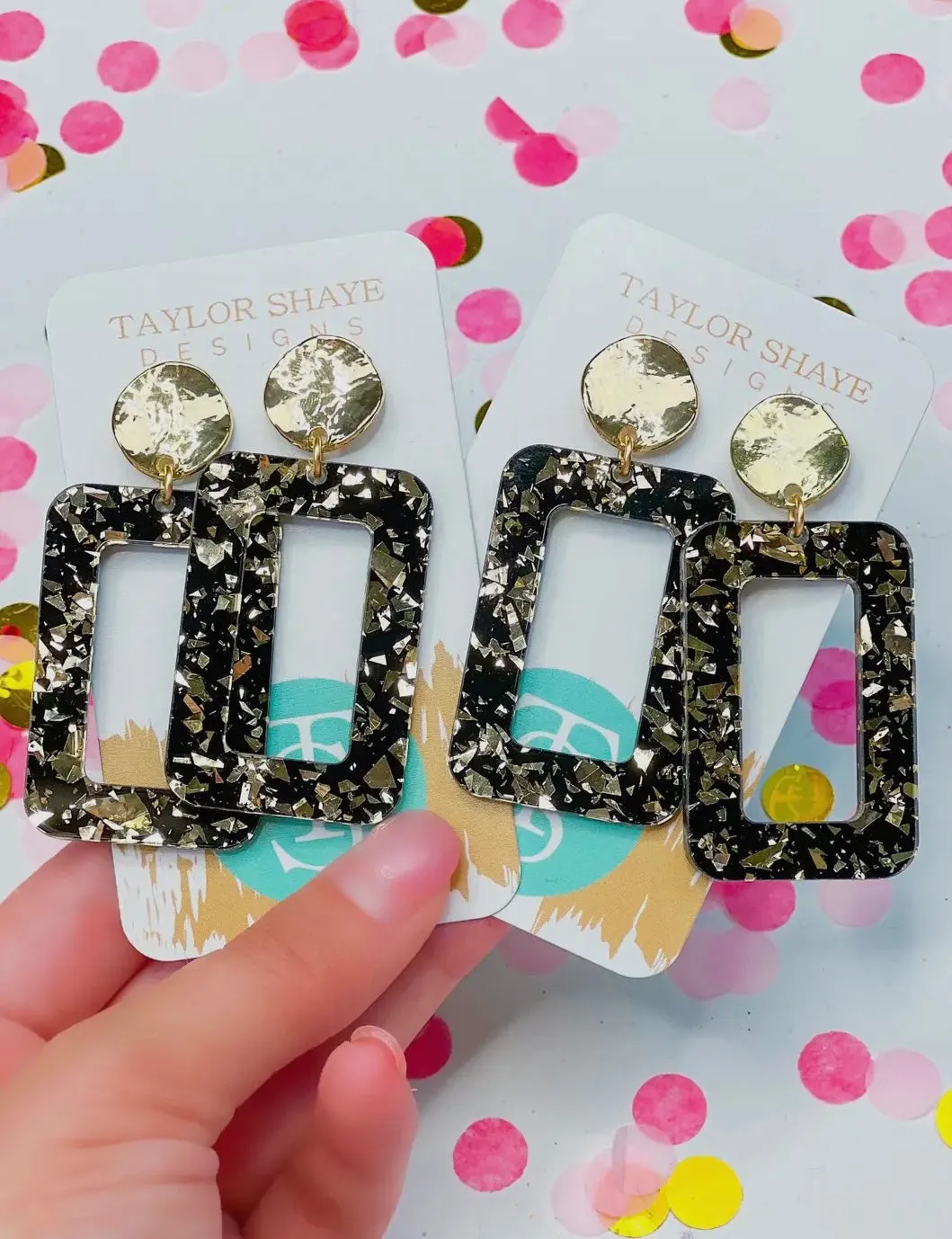 Black Gold Rectangle Drop Earrings