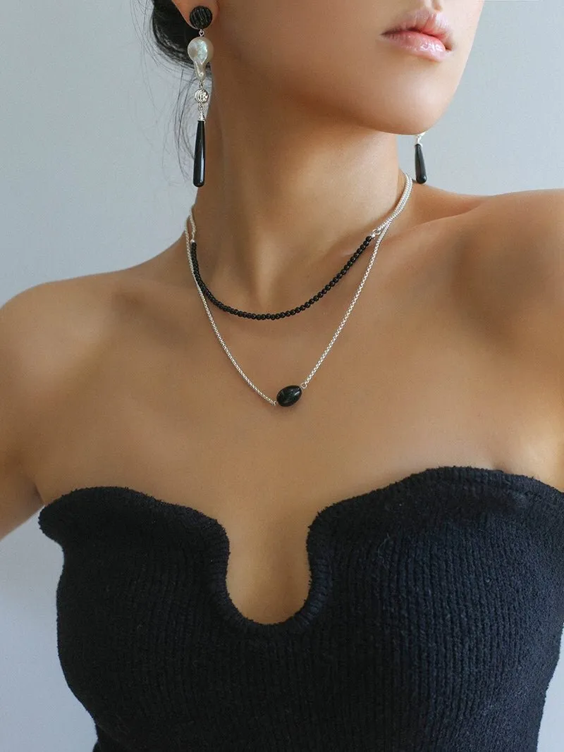 Black Onyx Splicing Chain Long Layering Necklace