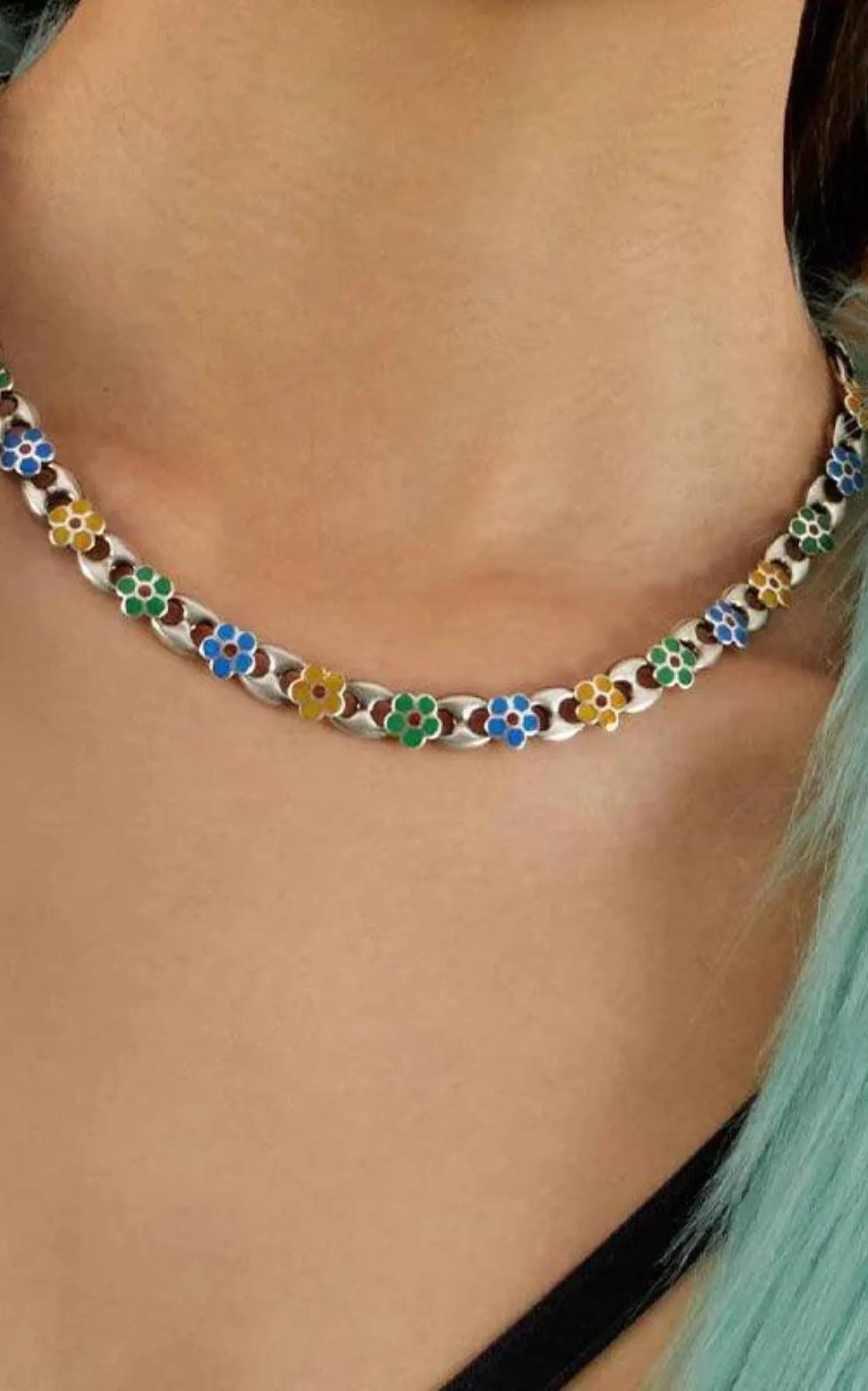 Blue Enamel Flower Necklace