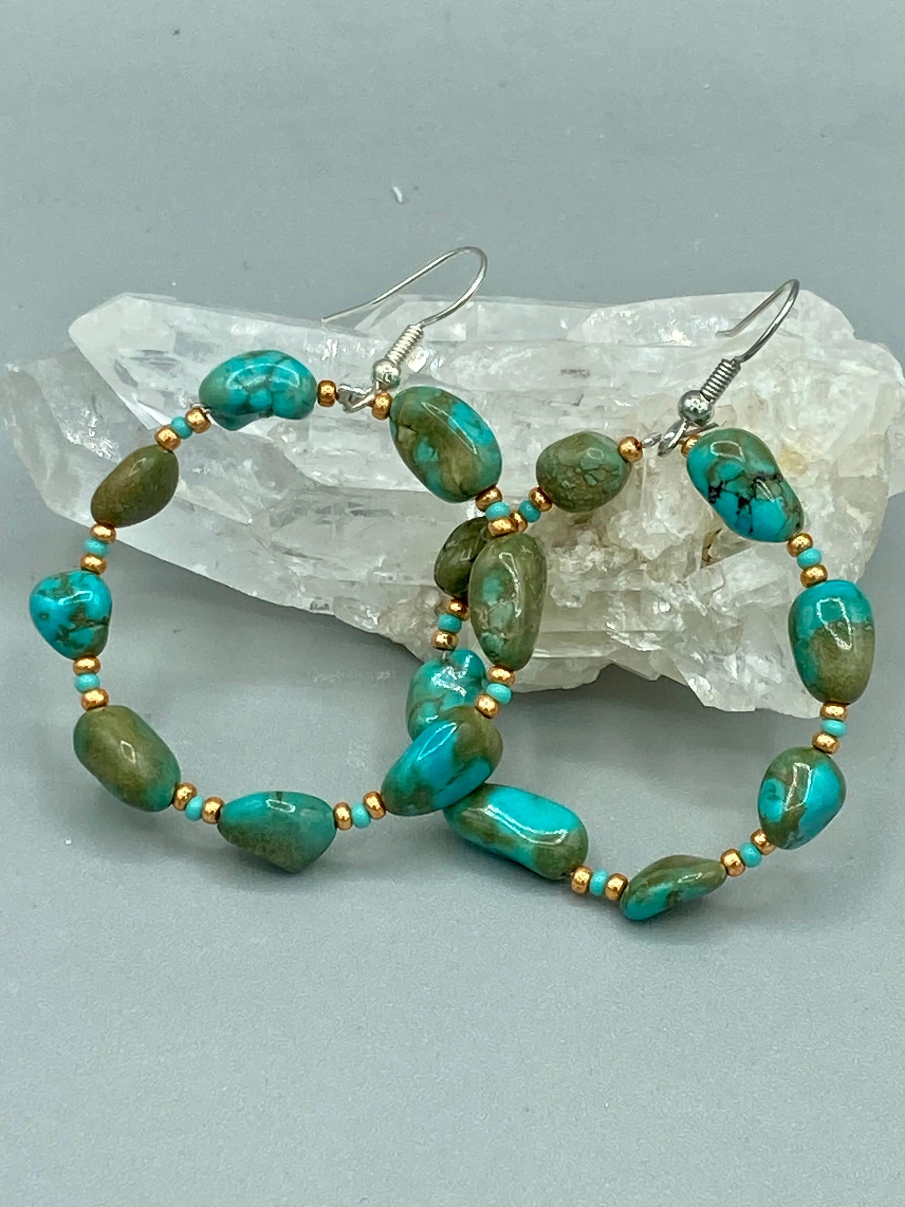 Blue-Green Magnesite Stone Beaded Hoop Earrings, Hippie Vibe, Shabby Chic, Boho Chic, Nature Inspired, Bohemian