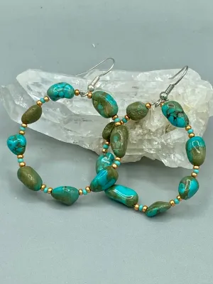 Blue-Green Magnesite Stone Beaded Hoop Earrings, Hippie Vibe, Shabby Chic, Boho Chic, Nature Inspired, Bohemian