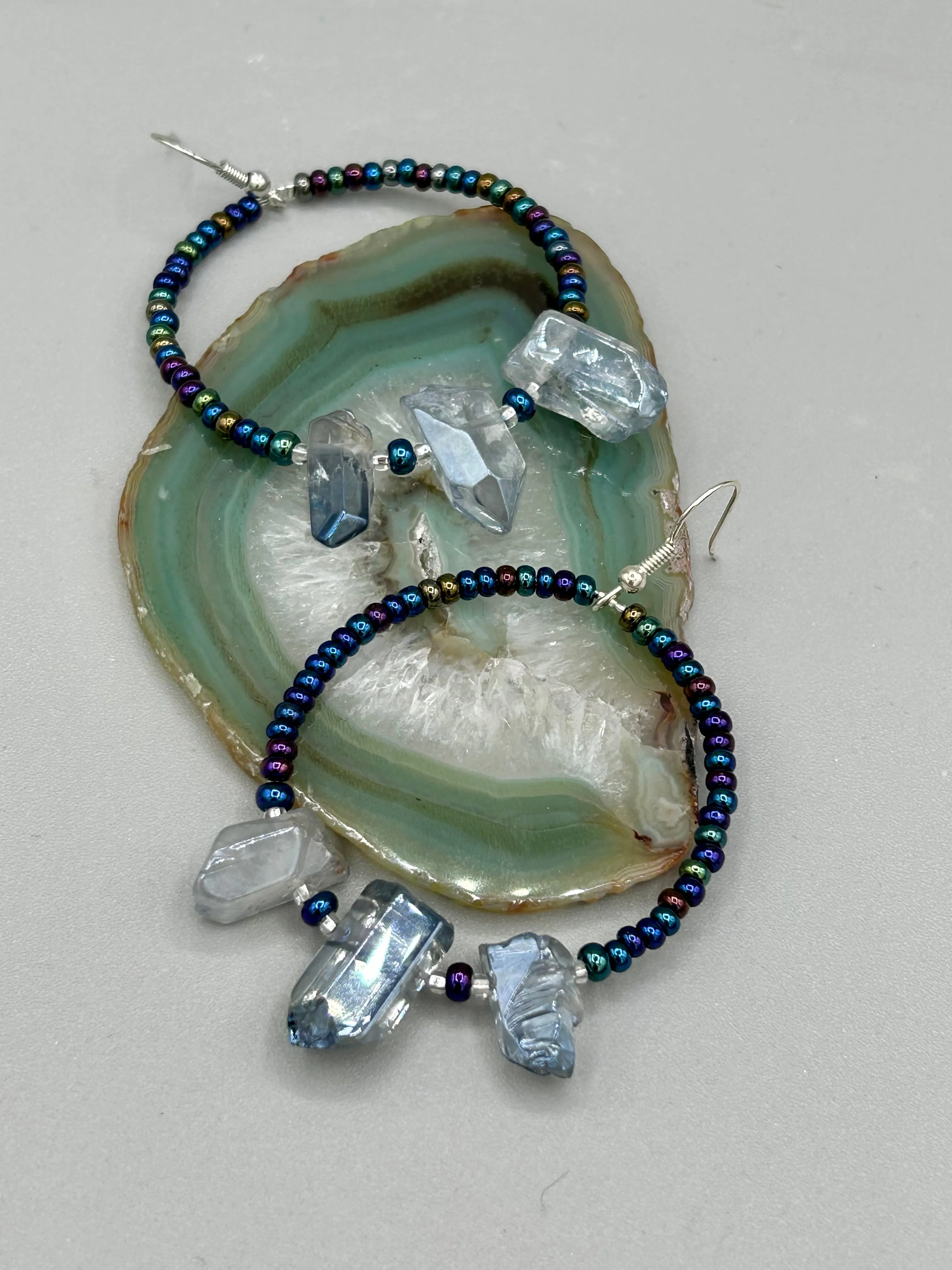 Blue Luster Crystal Beaded Hoop Earrings, Hippie Vibe, Shabby Chic, Boho Chic, Nature Inspired, Bohemian