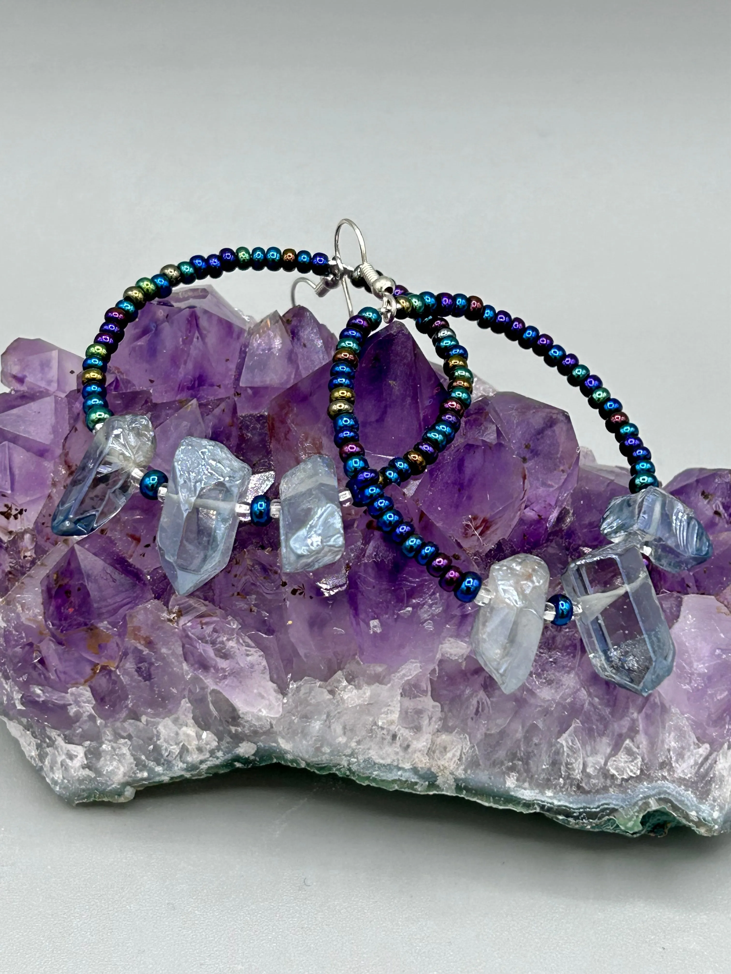 Blue Luster Crystal Beaded Hoop Earrings, Hippie Vibe, Shabby Chic, Boho Chic, Nature Inspired, Bohemian