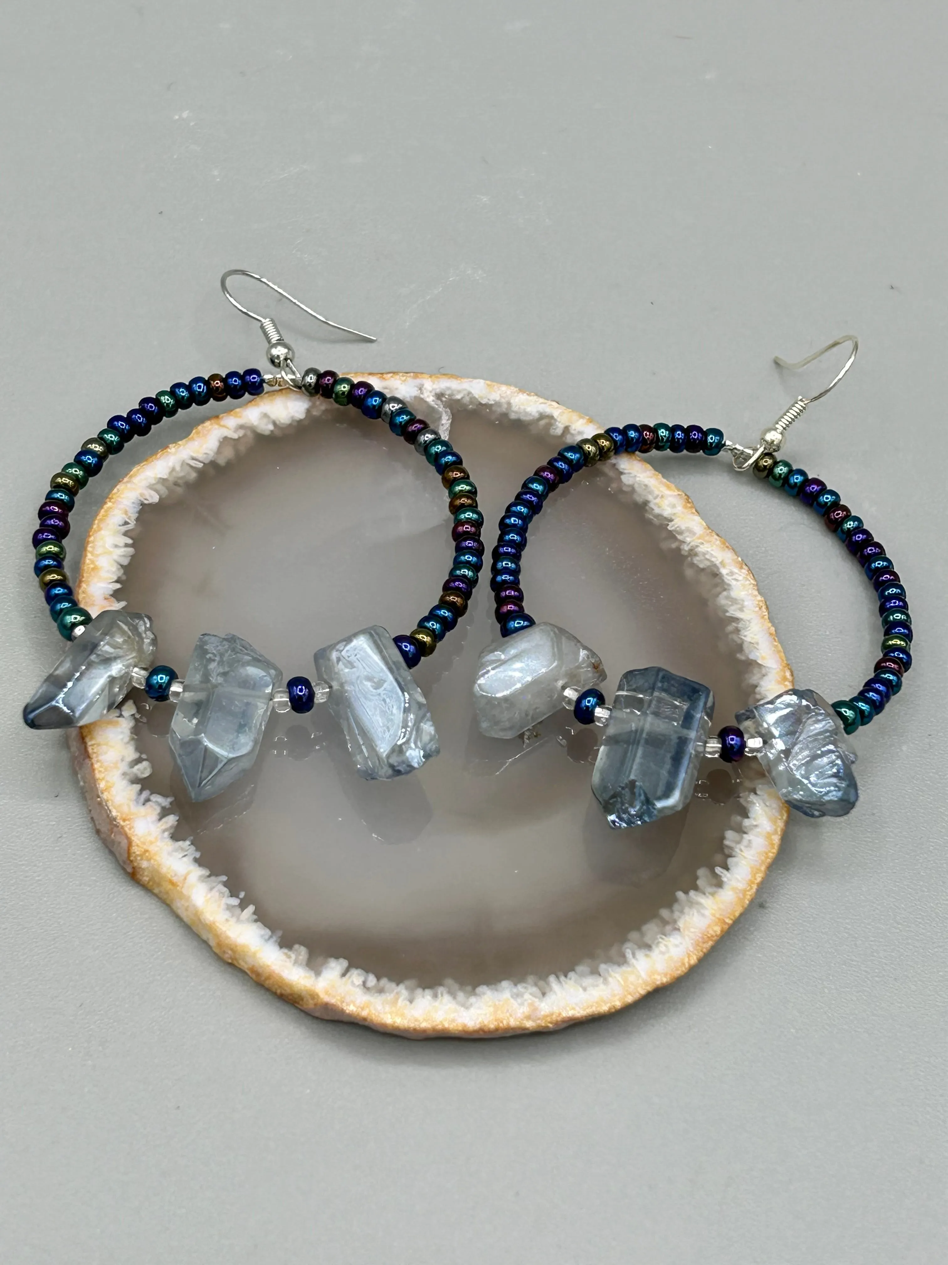Blue Luster Crystal Beaded Hoop Earrings, Hippie Vibe, Shabby Chic, Boho Chic, Nature Inspired, Bohemian