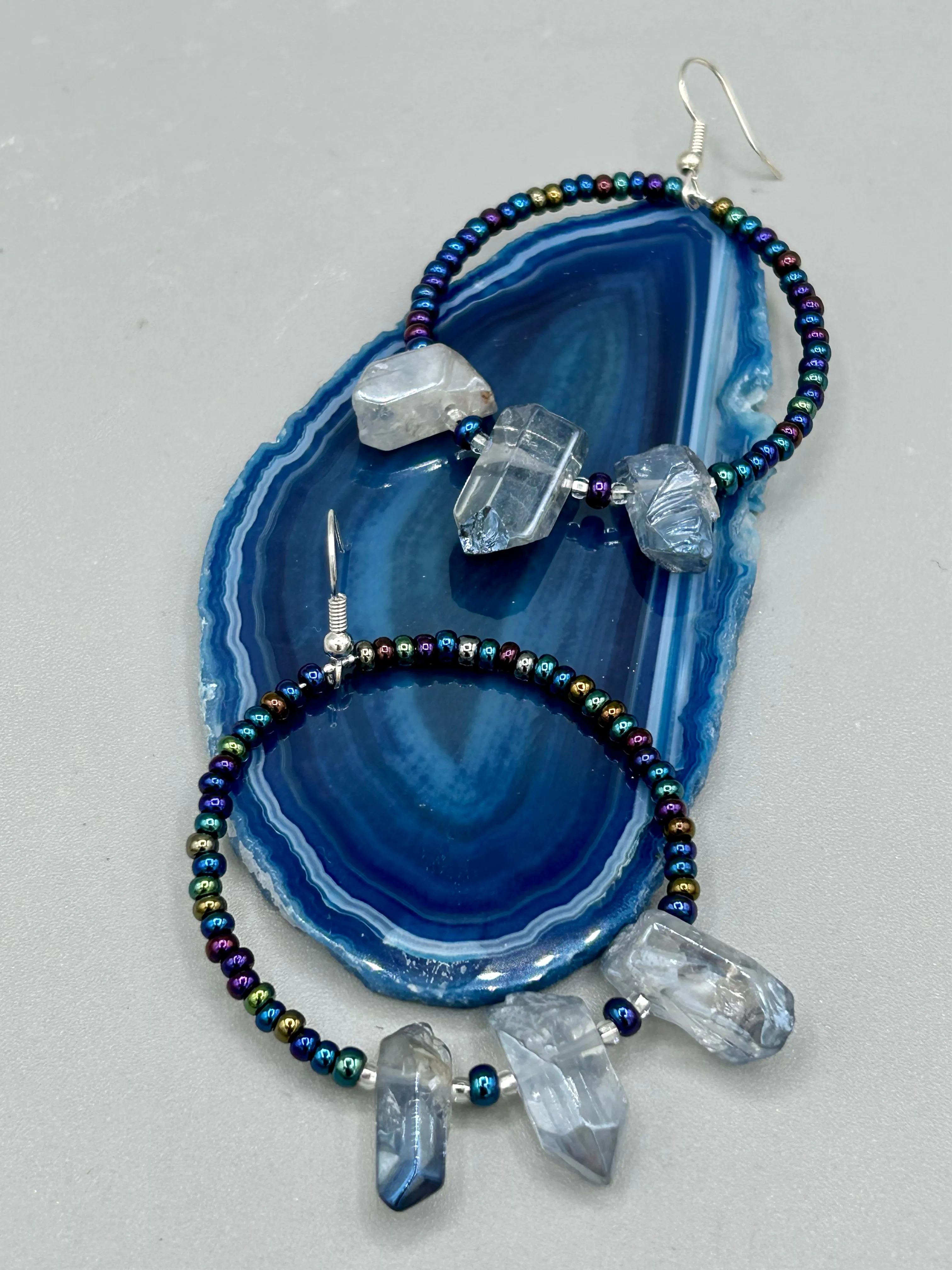 Blue Luster Crystal Beaded Hoop Earrings, Hippie Vibe, Shabby Chic, Boho Chic, Nature Inspired, Bohemian