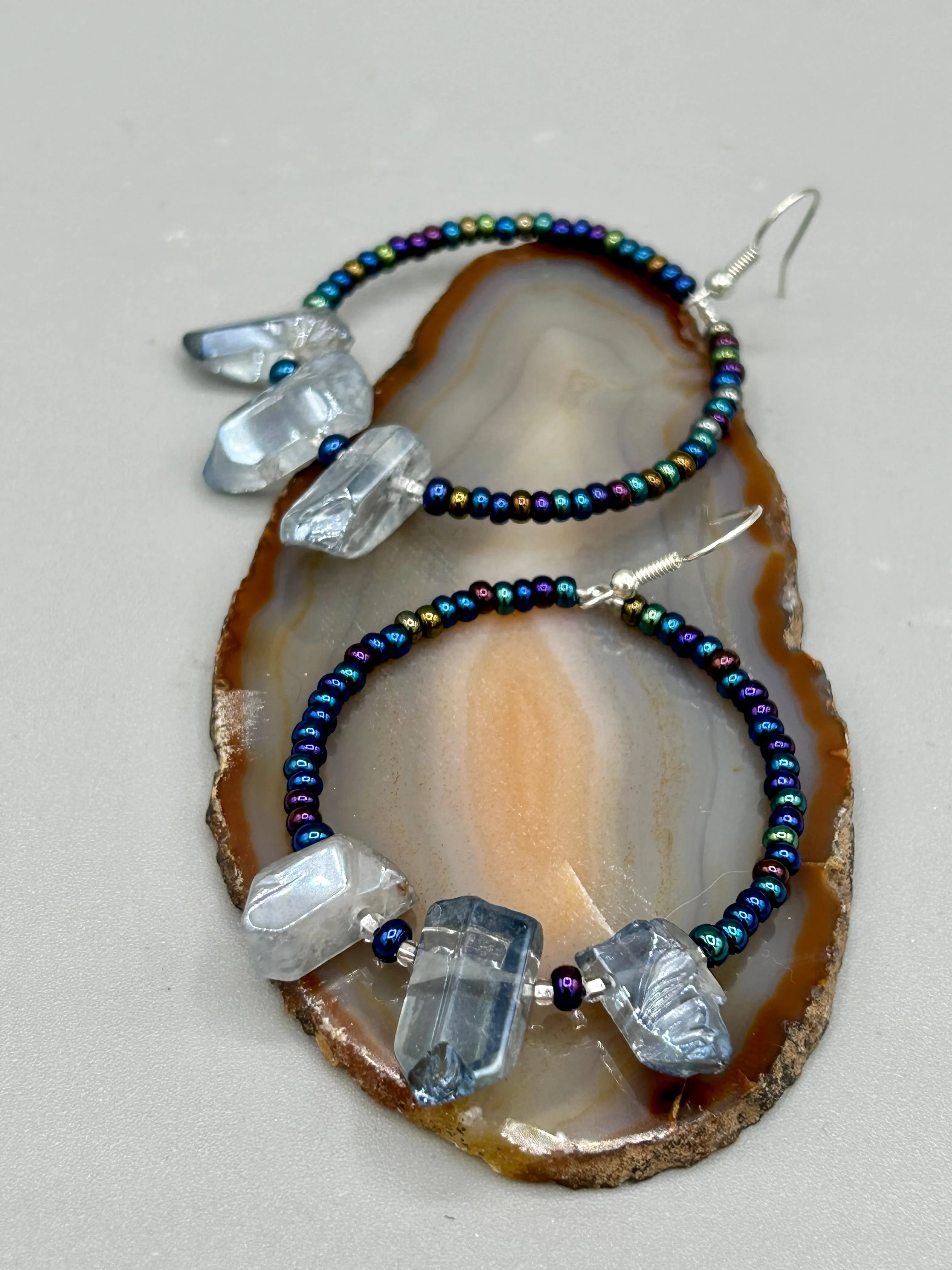 Blue Luster Crystal Beaded Hoop Earrings, Hippie Vibe, Shabby Chic, Boho Chic, Nature Inspired, Bohemian