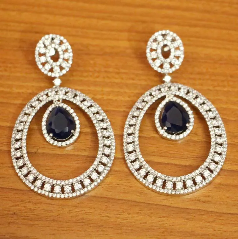 BLUE SAPPHIRE DIAMOND LOOK SILVER PLATED CZ DANGLERS