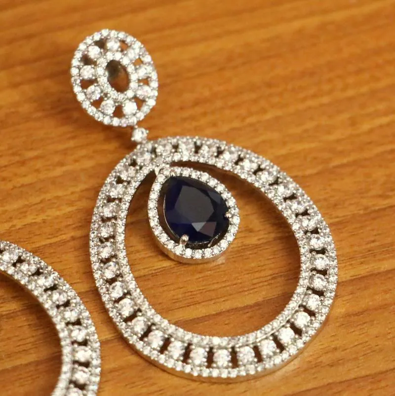 BLUE SAPPHIRE DIAMOND LOOK SILVER PLATED CZ DANGLERS