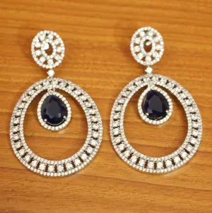 BLUE SAPPHIRE DIAMOND LOOK SILVER PLATED CZ DANGLERS