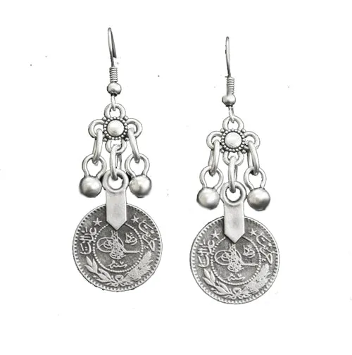 Boho Chic Pewter Coin Drop Earrings