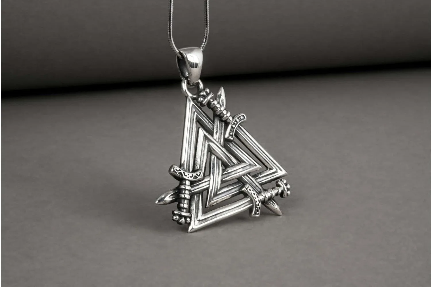 Brutal 925 silver viking pendant with Valknut swords, unique handmade jewelry