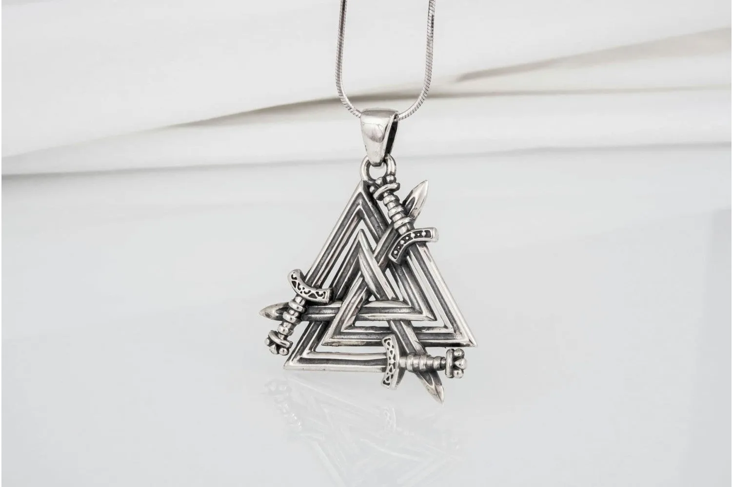 Brutal 925 silver viking pendant with Valknut swords, unique handmade jewelry