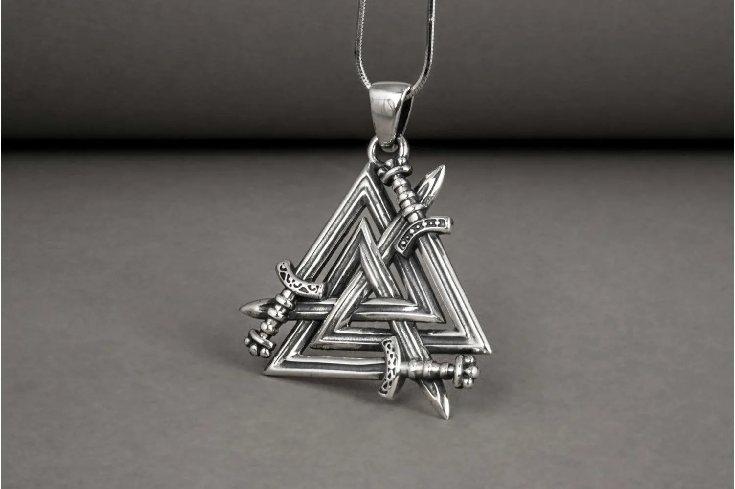 Brutal 925 silver viking pendant with Valknut swords, unique handmade jewelry