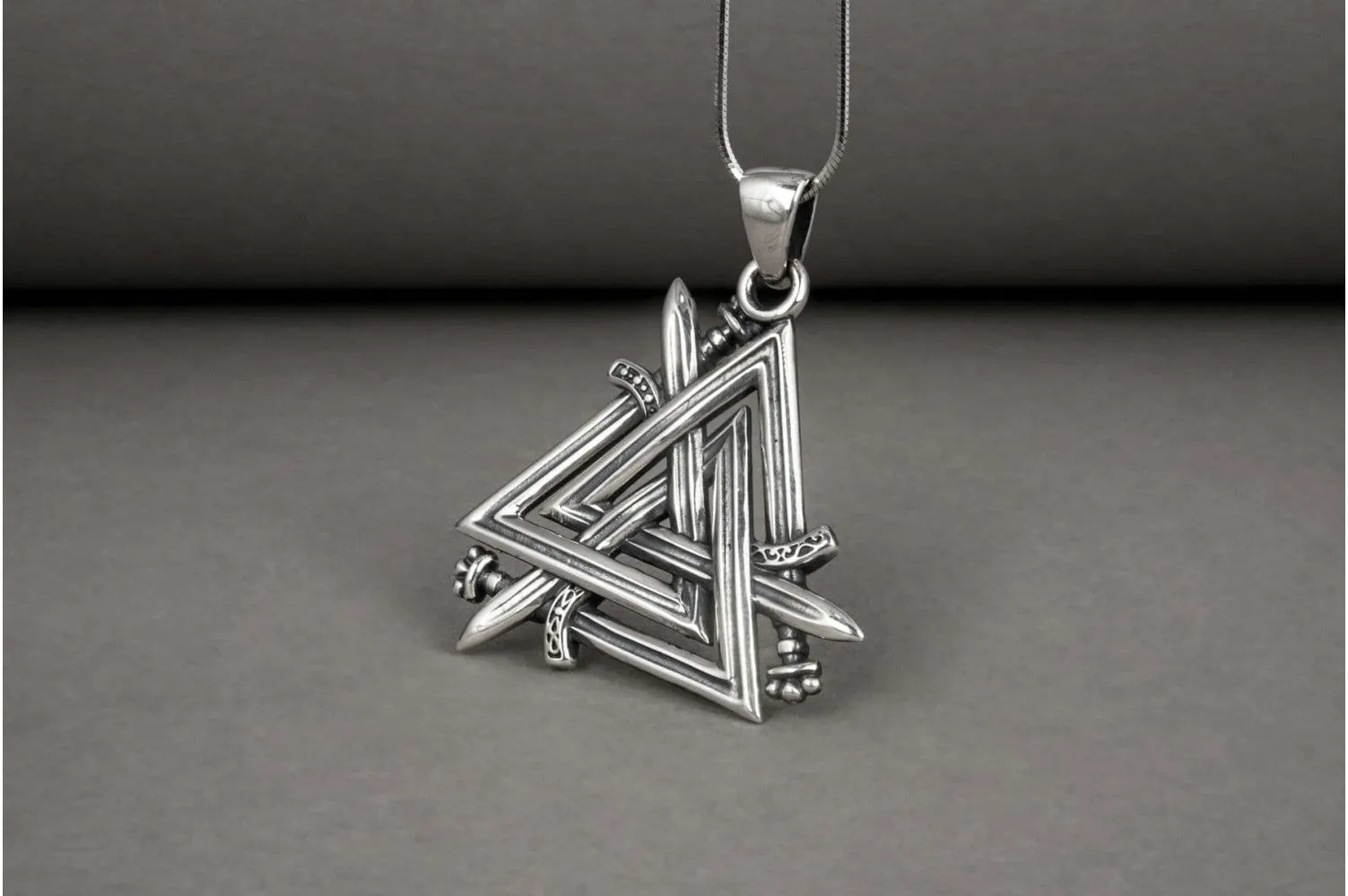 Brutal 925 silver viking pendant with Valknut swords, unique handmade jewelry