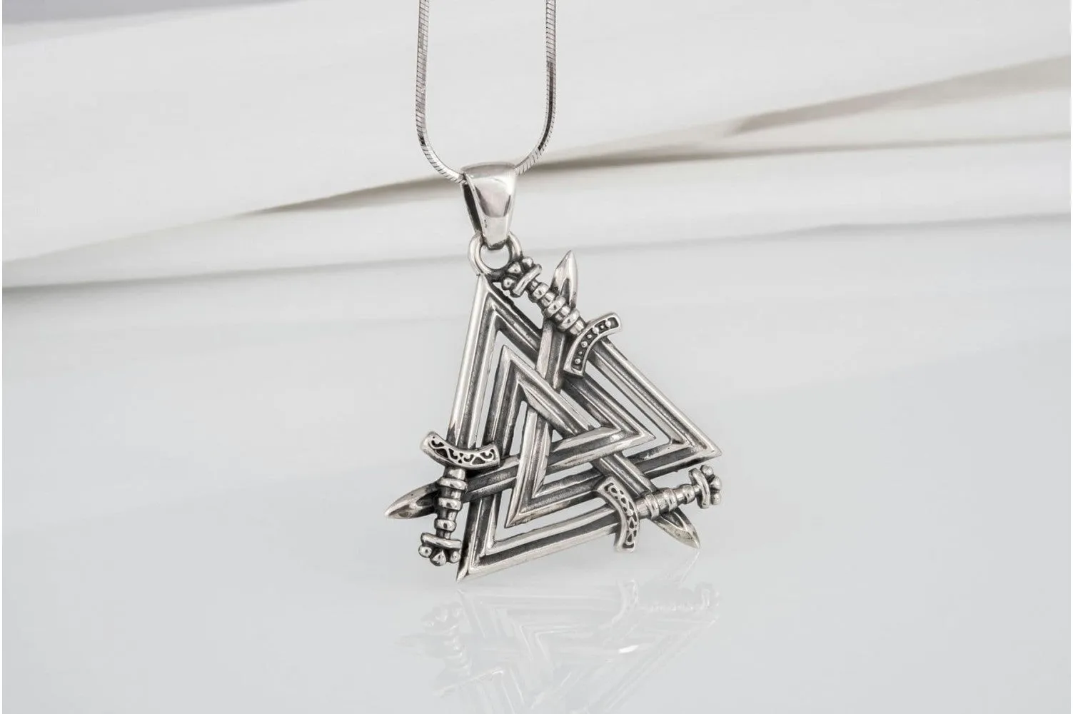 Brutal 925 silver viking pendant with Valknut swords, unique handmade jewelry