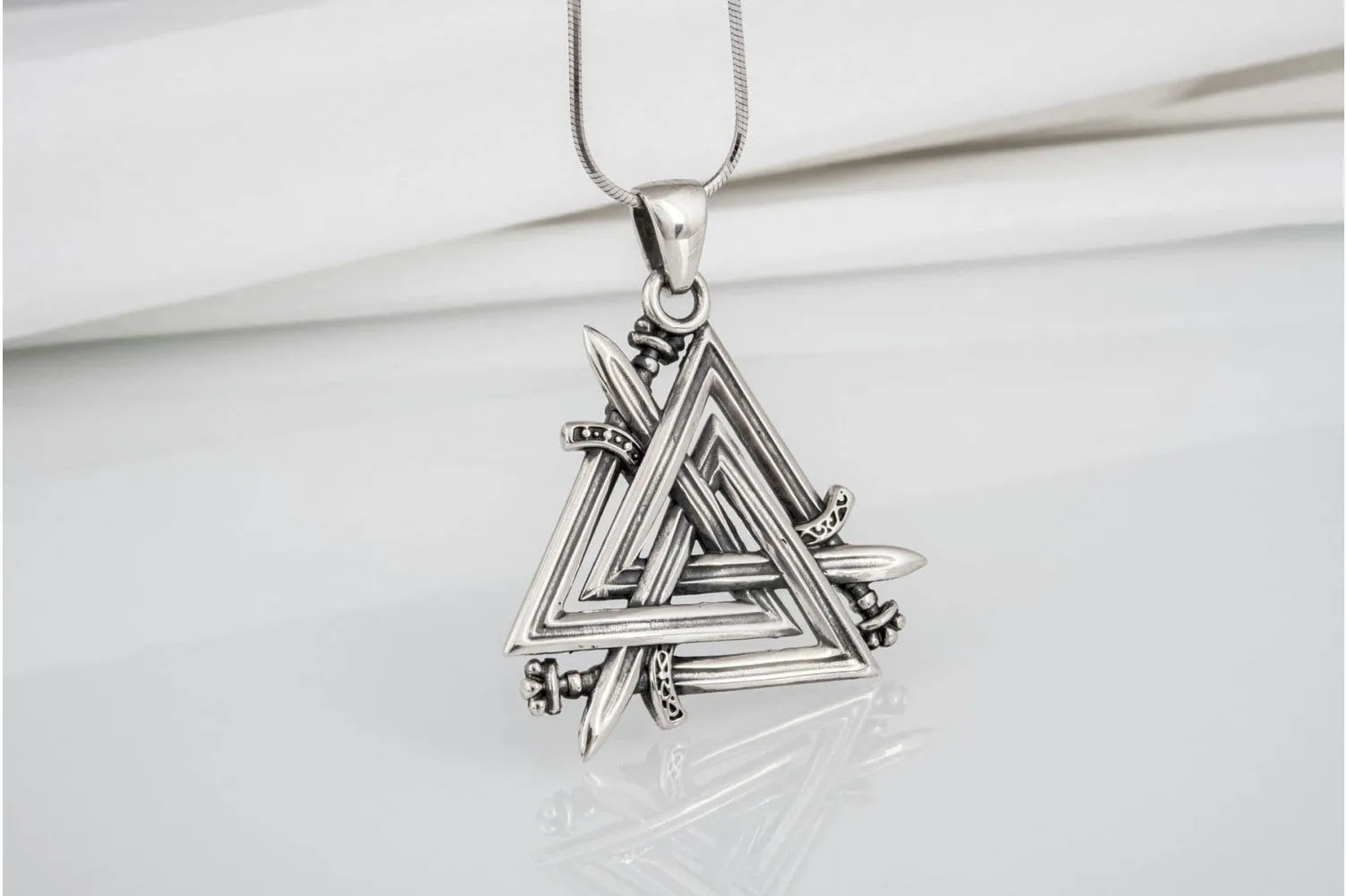 Brutal 925 silver viking pendant with Valknut swords, unique handmade jewelry