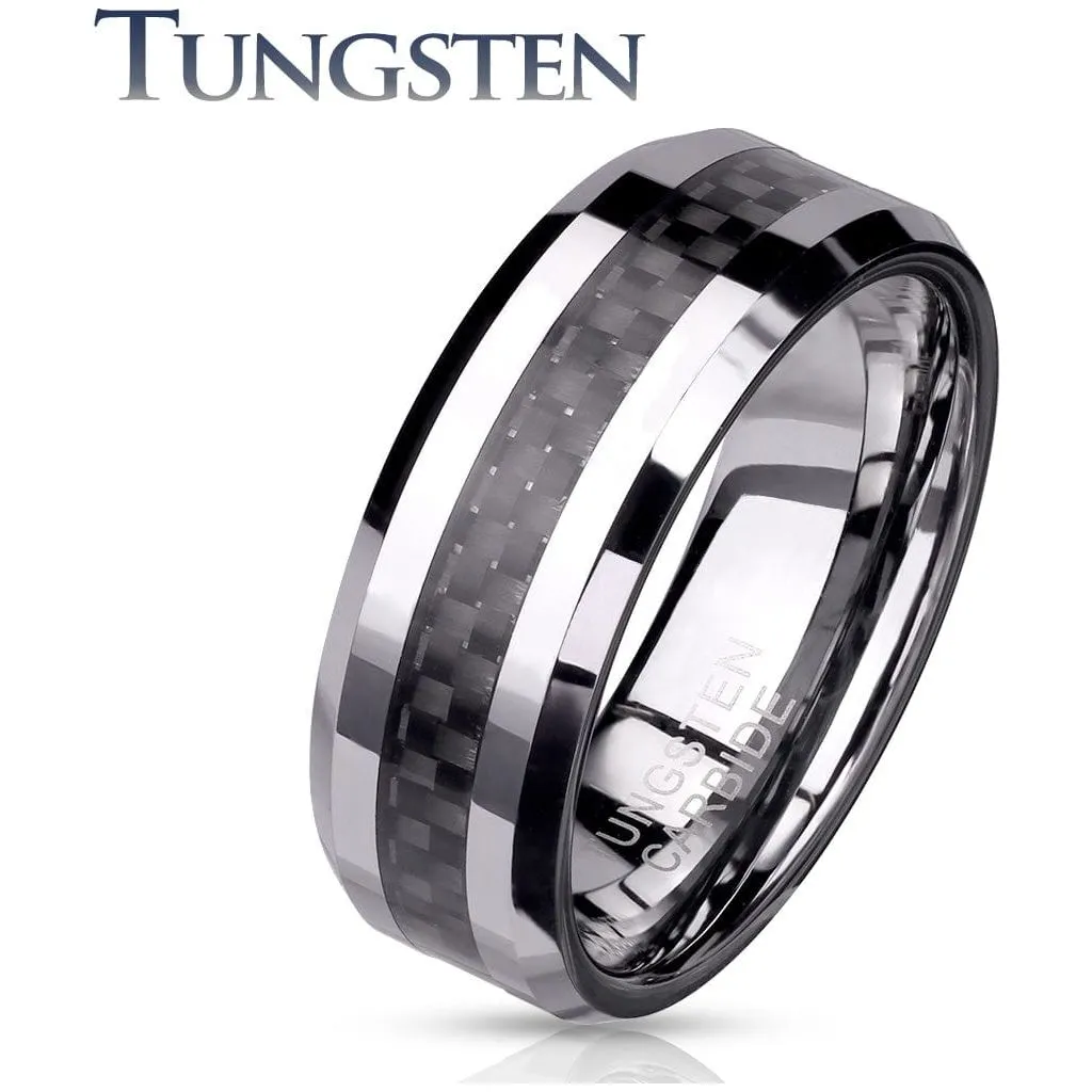 Carbon Fiber Center Beveled Edges Tungsten Carbide Rings