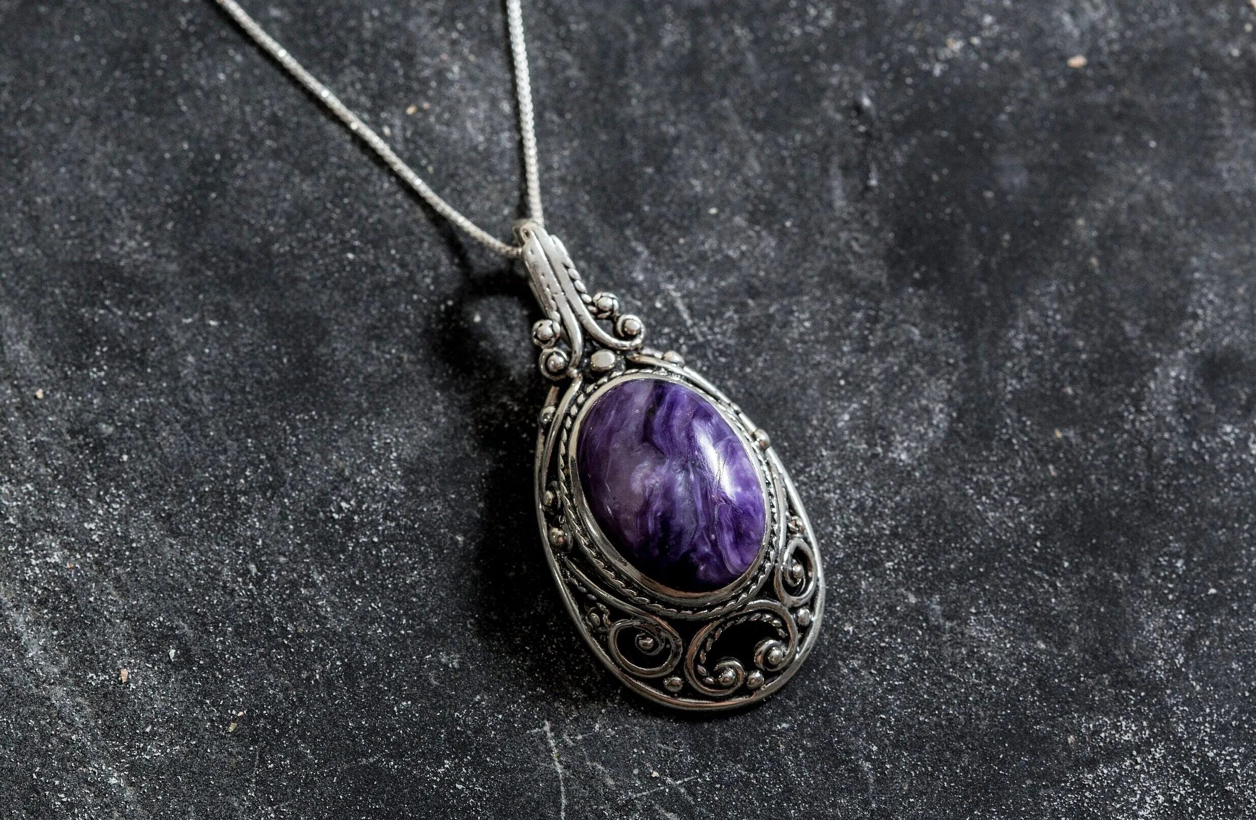 Charoite Necklace - Purple Victorian Necklace - Large Vintage Pendant