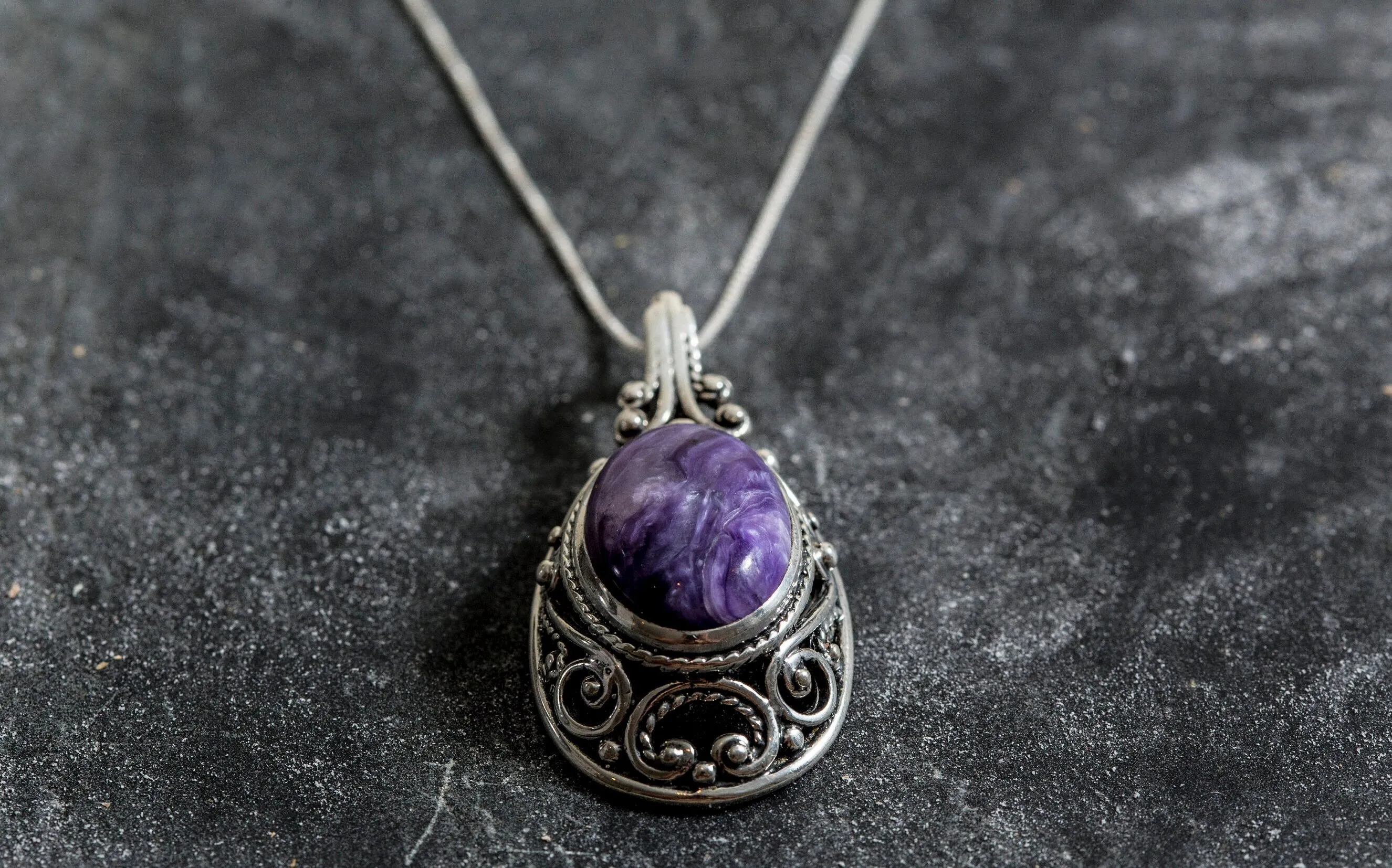 Charoite Necklace - Purple Victorian Necklace - Large Vintage Pendant