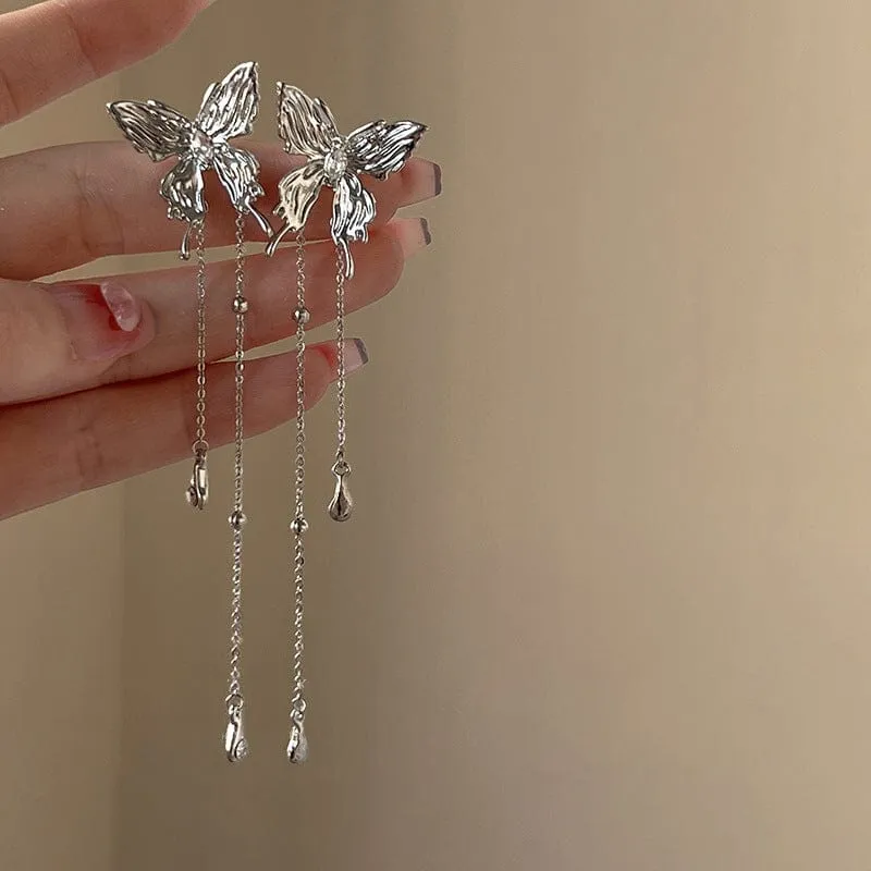 Chic Rhinestone Butterfly Tassel Chain Earrings