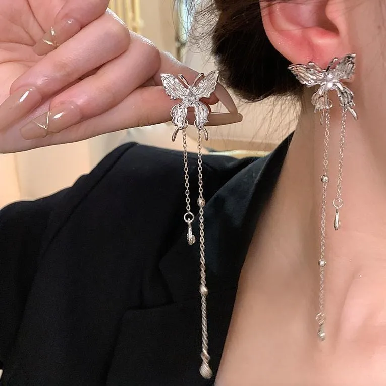 Chic Rhinestone Butterfly Tassel Chain Earrings