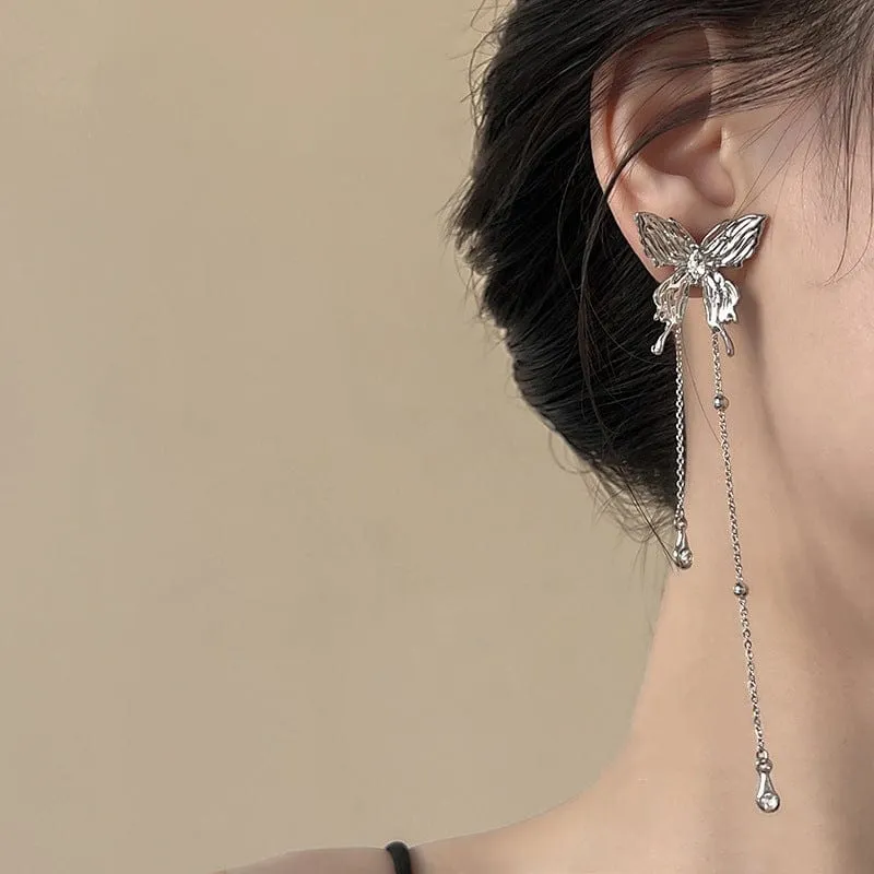 Chic Rhinestone Butterfly Tassel Chain Earrings