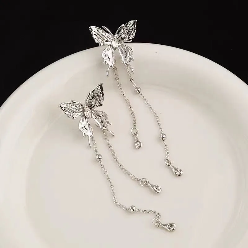 Chic Rhinestone Butterfly Tassel Chain Earrings