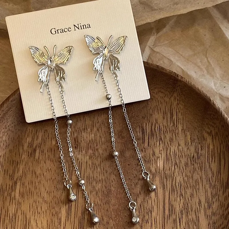 Chic Rhinestone Butterfly Tassel Chain Earrings