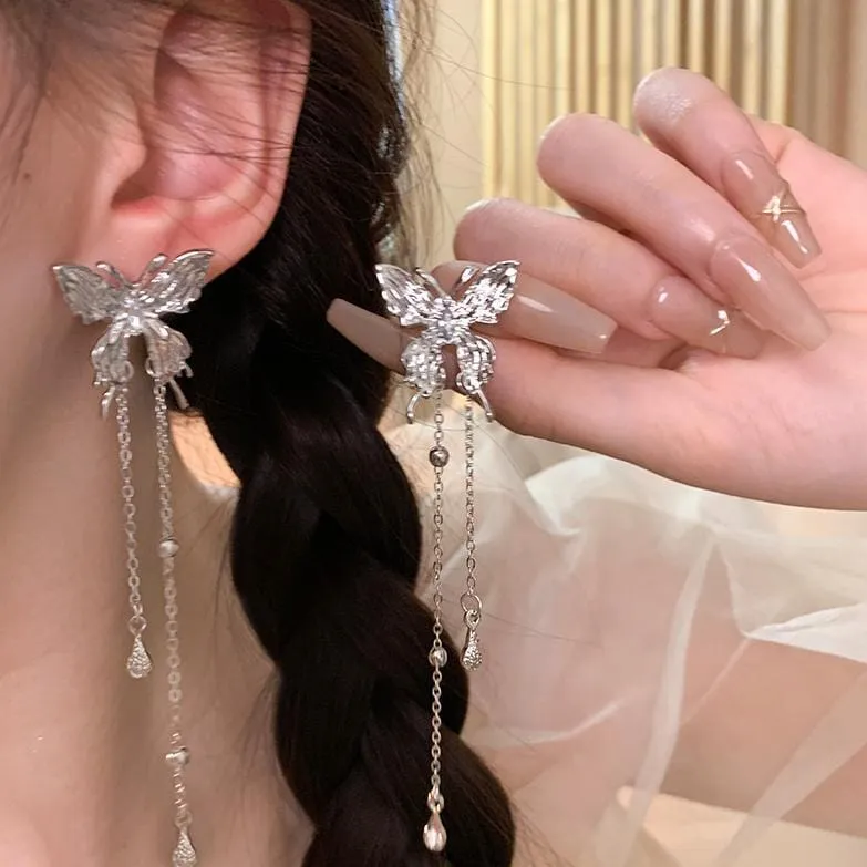 Chic Rhinestone Butterfly Tassel Chain Earrings