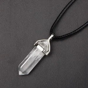 Clear Quartz Pendulum Pendant Healing Point Size 40x8mm Silver Leather Cord
