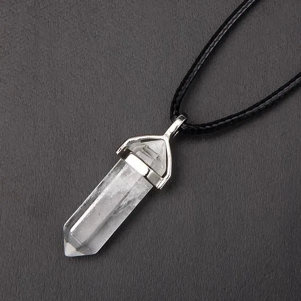 Clear Quartz Pendulum Pendant Healing Point Size 40x8mm Silver Leather Cord