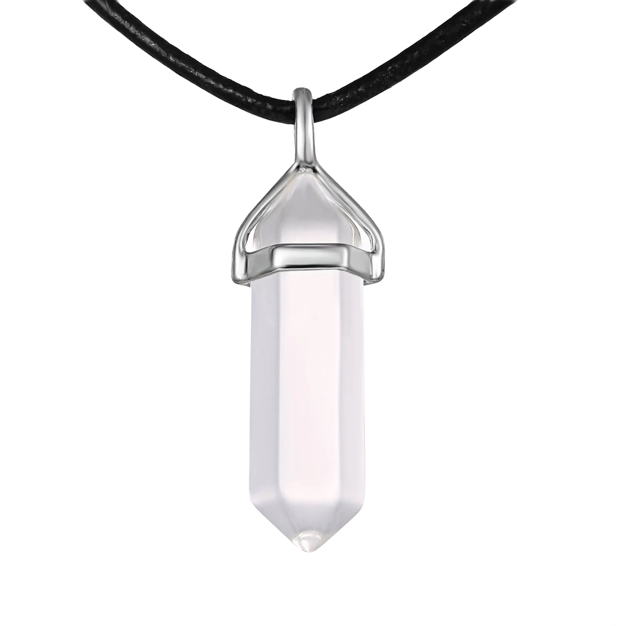 Clear Quartz Pendulum Pendant Healing Point Size 40x8mm Silver Leather Cord