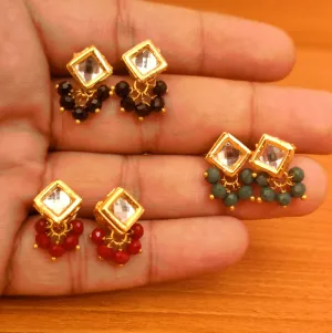 COMBO OF 3 PAIR CRYSTAL BEADED SQUARE KUNDAN STUDS