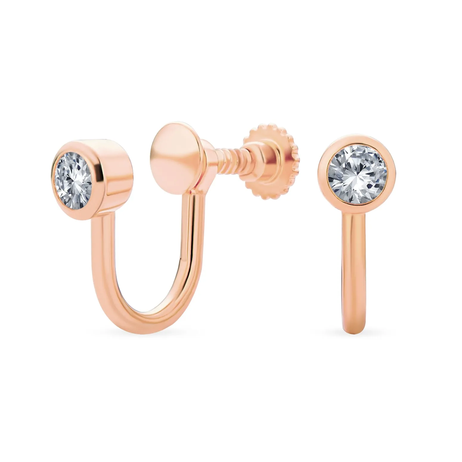CZ Clip On Stud Earrings Rose Gold Plated .925 Sterling Silver